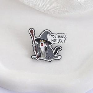 Wizard cat enamel pin with You Shall Not Pet text, minimalist tuxedo cat brooch accessory