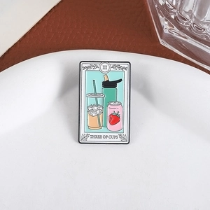 Three of Cups tarot enamel pin featuring iced coffee, water bottle and strawberry soda