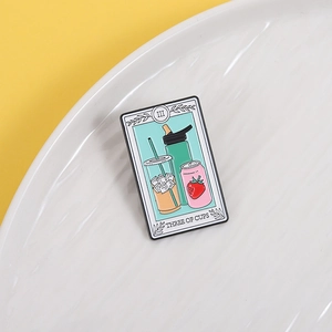 Three of Cups tarot enamel pin featuring modern coffee, water bottle and strawberry soda design