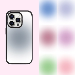 Detail showing gradient white iPhone Pro case with six vibrant color selection dots