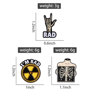 Detailed size specifications for creative enamel pins with skeleton and radiation designs