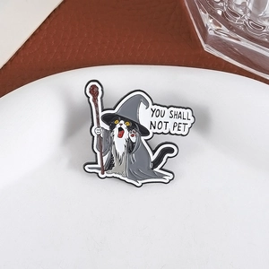 Wizard cat enamel pin with You Shall Not Pet text, creative fantasy wizard cat brooch