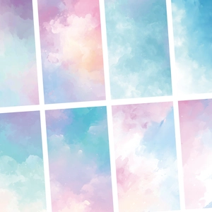 Set of 8 dreamlike watercolor phone back cards with dreamy star and cloud textures