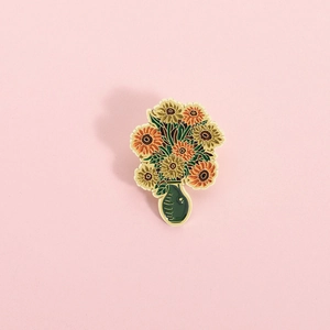 Artistic oil painting style sunflower vase enamel brooch with elegant gold metal outlines