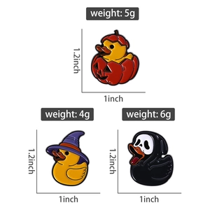 Detailed size chart for Halloween duck enamel pins showing 1.2x1 inch dimensions and weight