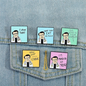 Set van 5 cartoon dokter emaille pins met grappige quotes op denim jasje