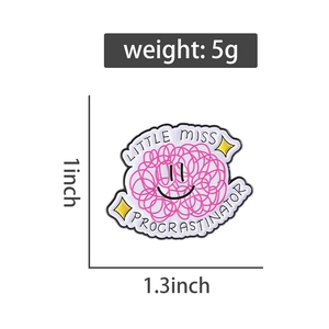 Detail of Little Miss Procrastinator enamel pin showing 1 x 1.3 inch product dimensions