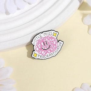 Pink Little Miss Procrastinator enamel pin with a smiley face and yellow stars