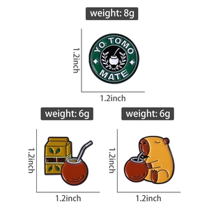 Detailed size chart showing 1.2x1.2 inch enamel pins featuring capybara mate tea themes