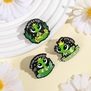 Cartoon green praying mantis queen enamel pins set with feminist slogans on white steps