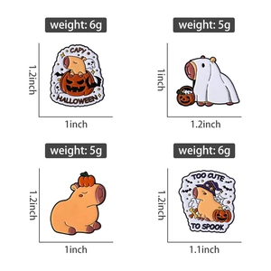 Detail view of four Halloween Capybara enamel pins with size labels and dimensions
