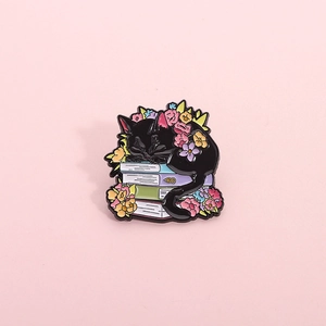 Cute Black Cat Sleeping On Books Enamel Pin Brooch Zinc Alloy Floral Artistic Badge For Backpack Clothes Jewelry Gift