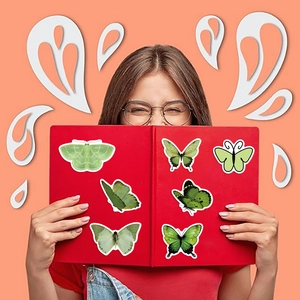 Detail van kleurrijke vlinderstickers aangebracht op een rood notitieboek voor DIY-decoratie