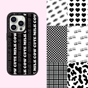 Detail showing various black and white cow print and cute milk patterns for phone cases