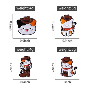 Detail view of four cartoon cowboy cat enamel pins with precise dimensions and weight