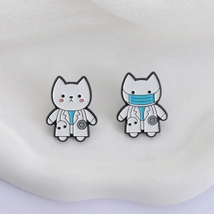 Cute white doctor cat enamel pins set with stethoscopes and masks for medical staff