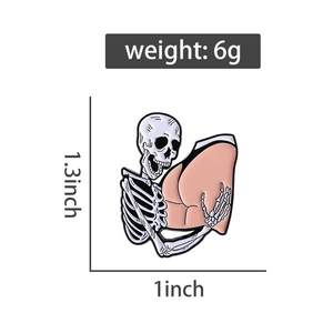 Funny skull hugging butt enamel pin detail showing dimensions 1.3 by 1 inch and 6g weight
