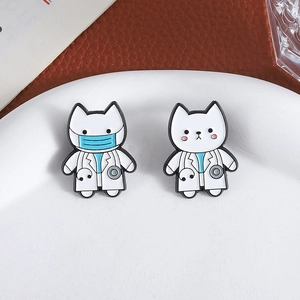 Cartoon doctor cat enamel pins set featuring white cats with stethoscope and mask