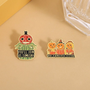 Halloween cartoon pumpkin enamel pin set with festive slogans on a warm background