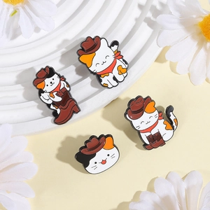 Creative cowboy cat enamel brooch pins set with tricolor and black white kittens