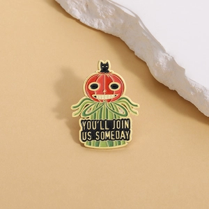Detail of Halloween pumpkin ghost enamel pin with You'll Join Us Someday text