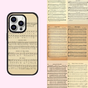 Macro detail of retro sheet music and lyrics printed on a black smartphone case