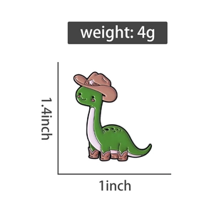 Detailed size chart of cute green dinosaur enamel pin wearing a cowboy hat and boots