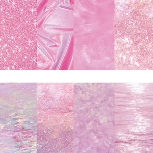 Close-up of 8 pink DIY phone card stickers showing glitter, satin and ripple textures