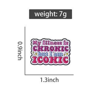 Detail view of colorful cartoon enamel pin showing 1.3x0.9 inch dimensions and 7g weight