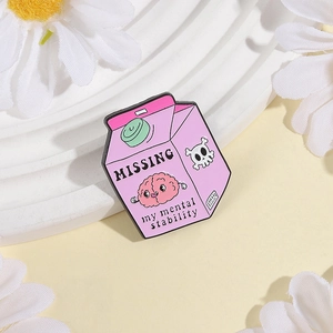 Pink milk carton enamel pin with cute brain and my mental stability text on white background