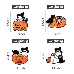 Detailed size and weight specs for Halloween enamel pins with ghost and pumpkin motifs