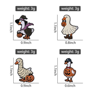Size specifications for four Halloween goose enamel pins with spooky wizard and pumpkin designs