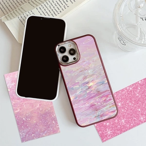 Pink iridescent marble iPhone case with deep red frame and luxury glossy finish