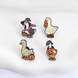 Halloween enamel pin set featuring wizard, ghost, mummy, and pumpkin themed white duck pins
