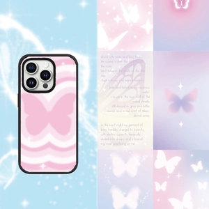 Detail view of pink butterfly pattern phone case with wavy background and black edges