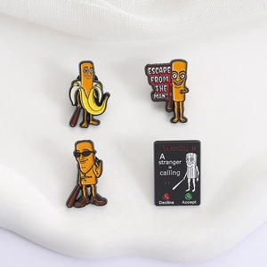 Set of 4 creative surrealist stickman enamel pins with cartoon warning and banana motifs