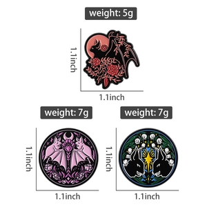 Gothic bat and rose enamel pin collection with dimensions and weight details