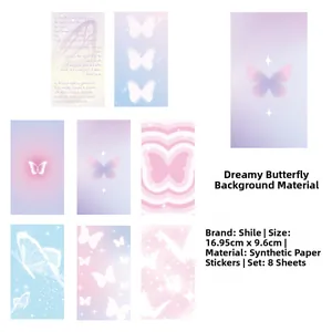 Detail of 8 dreamlike butterfly stickers in gradient tones sized 16.95cm by 9.6cm