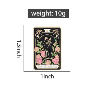 Detail showing tarot-style black cat and rose enamel pin with 1.5x1 inch dimensions