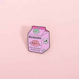 Cartoon Pink Milk Carton Enamel Brooch Missing My Mental Stability Brain Skull Zinc Alloy Badge Lapel Pin For Backpack Unisex