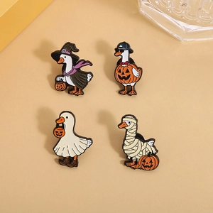Halloween cartoon duck enamel pin set featuring wizard, pumpkin, ghost, and mummy designs