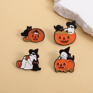 Set of four Halloween enamel pins featuring ghost, black cat, and pumpkin designs