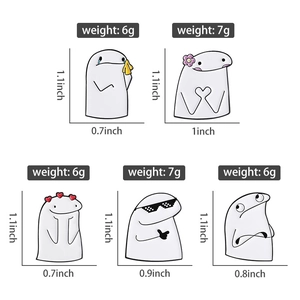 Detailed size and weight specs for five funny Flork cartoon enamel brooch pins
