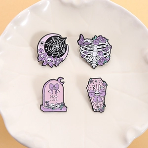 Pastel Goth Skeleton Enamel Pin Zinc Alloy Coffin Tombstone Moon Ribs Floral Brooch Halloween Lavender Jewelry Badge