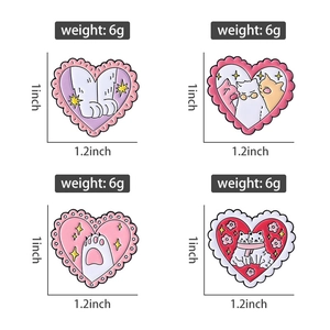Detailed size and weight specs for four cute cat enamel pins with pink and purple colors