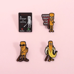 Set of four cartoon enamel pins featuring modern themes on a pink background