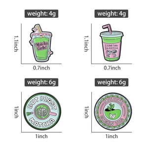Detail view of Matcha Girlie enamel pins with precise size measurements and weight specs