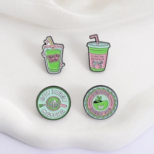 Cute matcha enamel pin set with creative drink shapes for denim jackets and bags