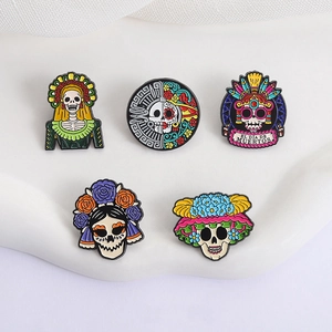 5-piece Mexican Day of the Dead enamel pins set with colorful sugar skull designs