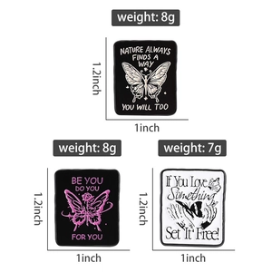 Detail showing dimensions and weights of square enamel butterfly and rose lapel pins